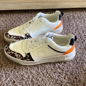 Justfab Brynlee orange and leopard sneakers. Worn twice, no wear or tear.